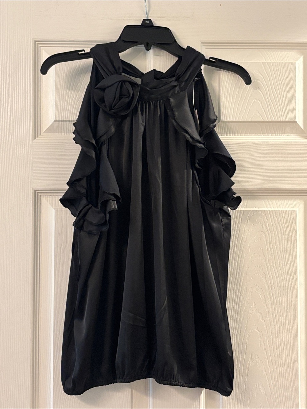 New York & Company Black Halter Rosette Ruffle Top